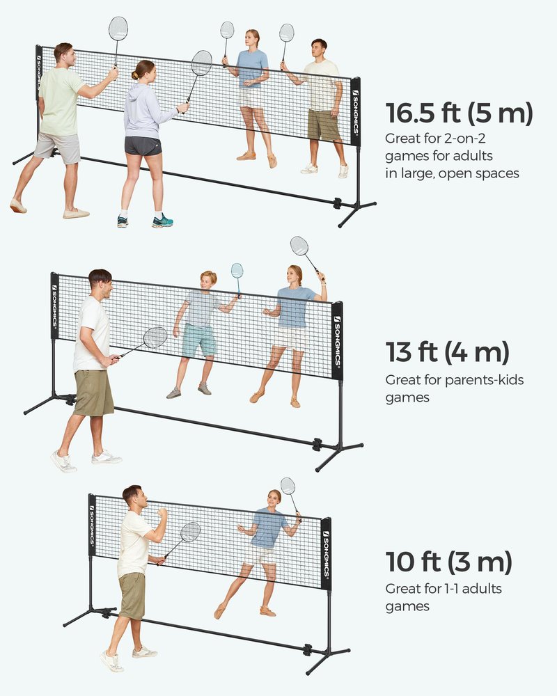 SONGMICS 13 ft Badminton Net, Height Adjustable Volleyball Net, Pickleball Net with Poles, Foldable Nylon Net for Tennis Indoor Outdoor Court, Black USYQ400H