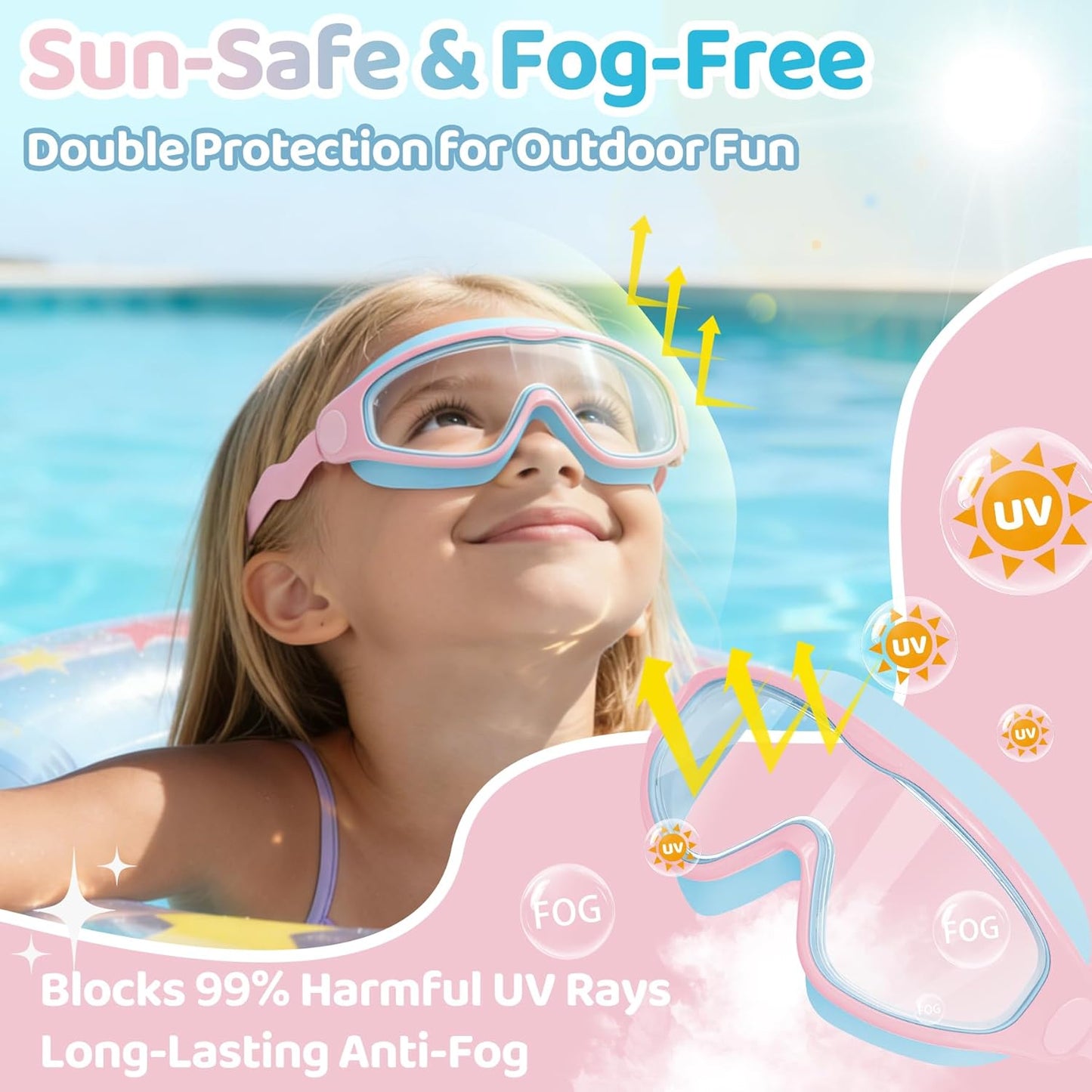 Vvinca Kids Swim Goggles - Soft Wave-Shape Strap for Comfort | Anti-Fog, Leak-Free, 2 Pack (Ages 3-15)