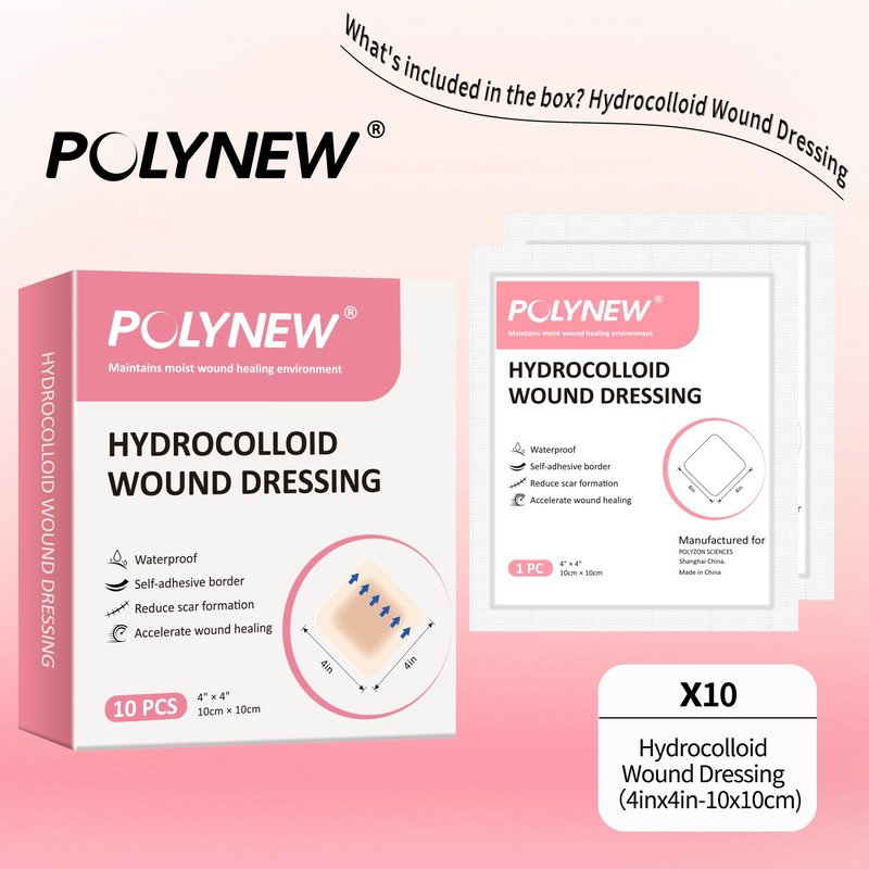 POLYNEW 4" x 4"-10Pcs/Box Hydrocolloid Dressing with Border for Light Exudate, Hydrocolloid Patches Waterproof Wound Dressing, Adhesive Hydrocolloid Bandages, for Pressure Ulcer, Bed Sore