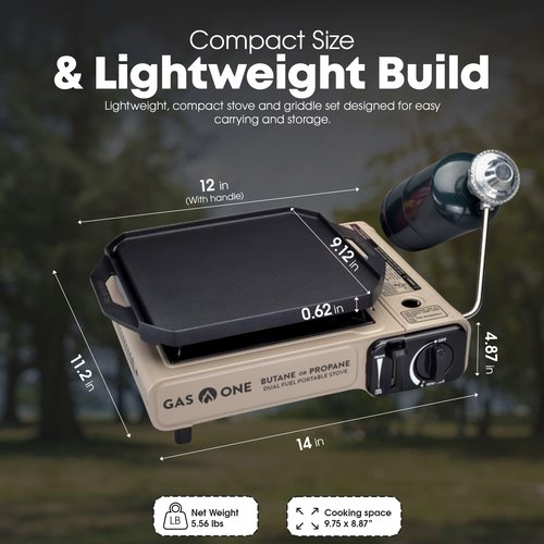 GasOne GS-3400P-KIT Propane or Butane Gas Stove with Flat Top Griddle Included – Dual Fuel Propane Grill Tent Stove Burners for Cooking for Camping, Kitchen – Diecast Aluminum with Non Stick Coating