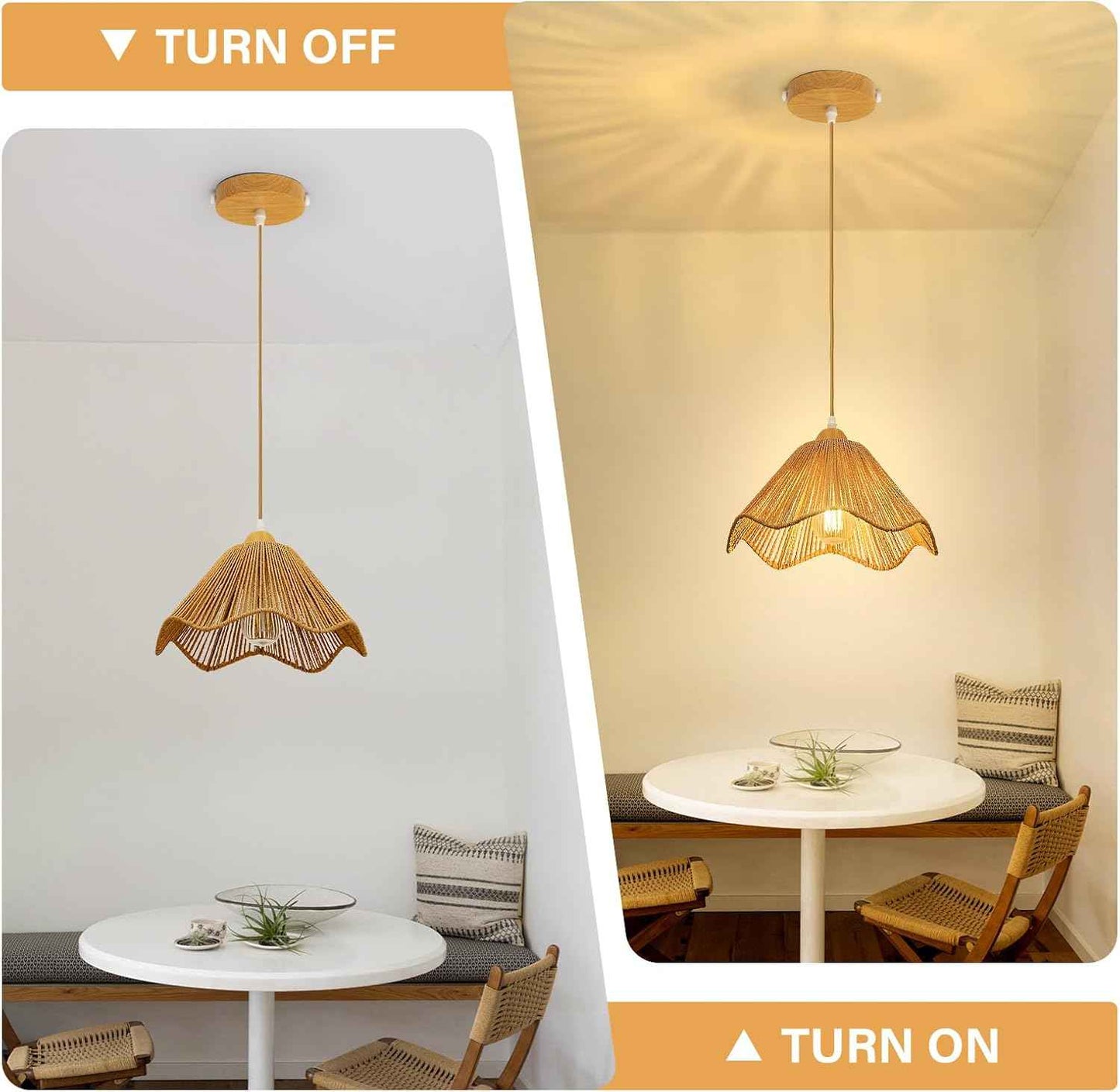 Rattan Chandelier Pendant Lights - 3 Pack Adjustable Height Boho Farmhouse Ceiling Fixtures for Kitchen & Dining Room