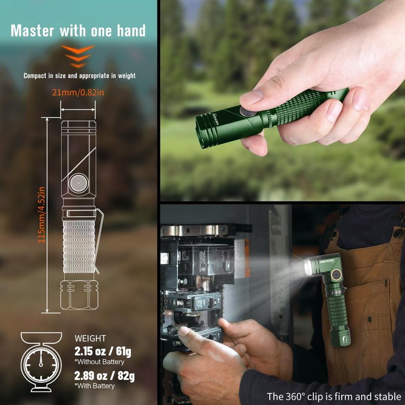 NICRON L74 Rechargeable Flashlight, 1000 Lumen High Brightness with 90° Rotatable Head, Magnetic Tail and 2-Way Clip, IP65 Waterproof, Compatible with Rechargeable Batteries and AA Battery