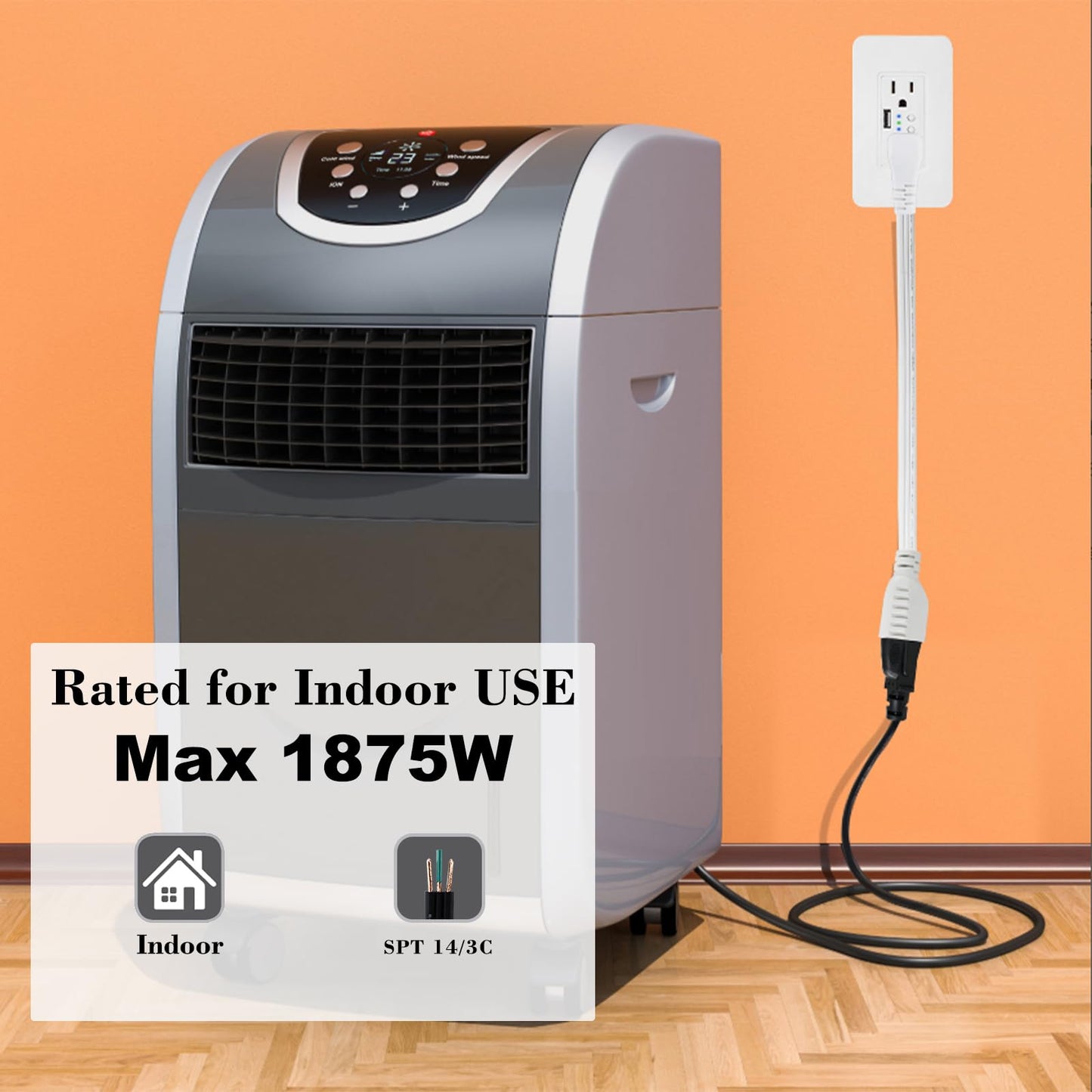 White Flat Wall Plug Extension Cord 2FT- Heavy Duty 3Prong Grounded Low Profile Major Appliance Extension Cord, SPT-3 14AWG Wire Flat Head Male to Female Extender for Air Conditioner, Refrigerator