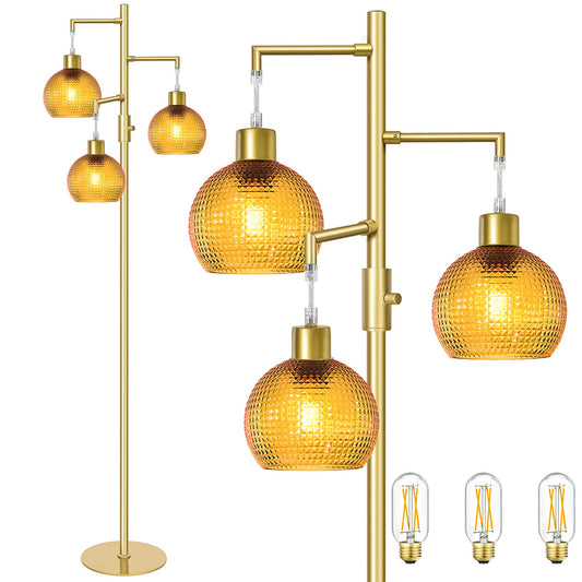Duoled Gold Floor Lamp with Orange Glass Shade, Modern Standing Tree Lamps for Living Room, Dimmable 3 Lights Tall Lamp, 3 x 600LM LED Edison Bulbs Included