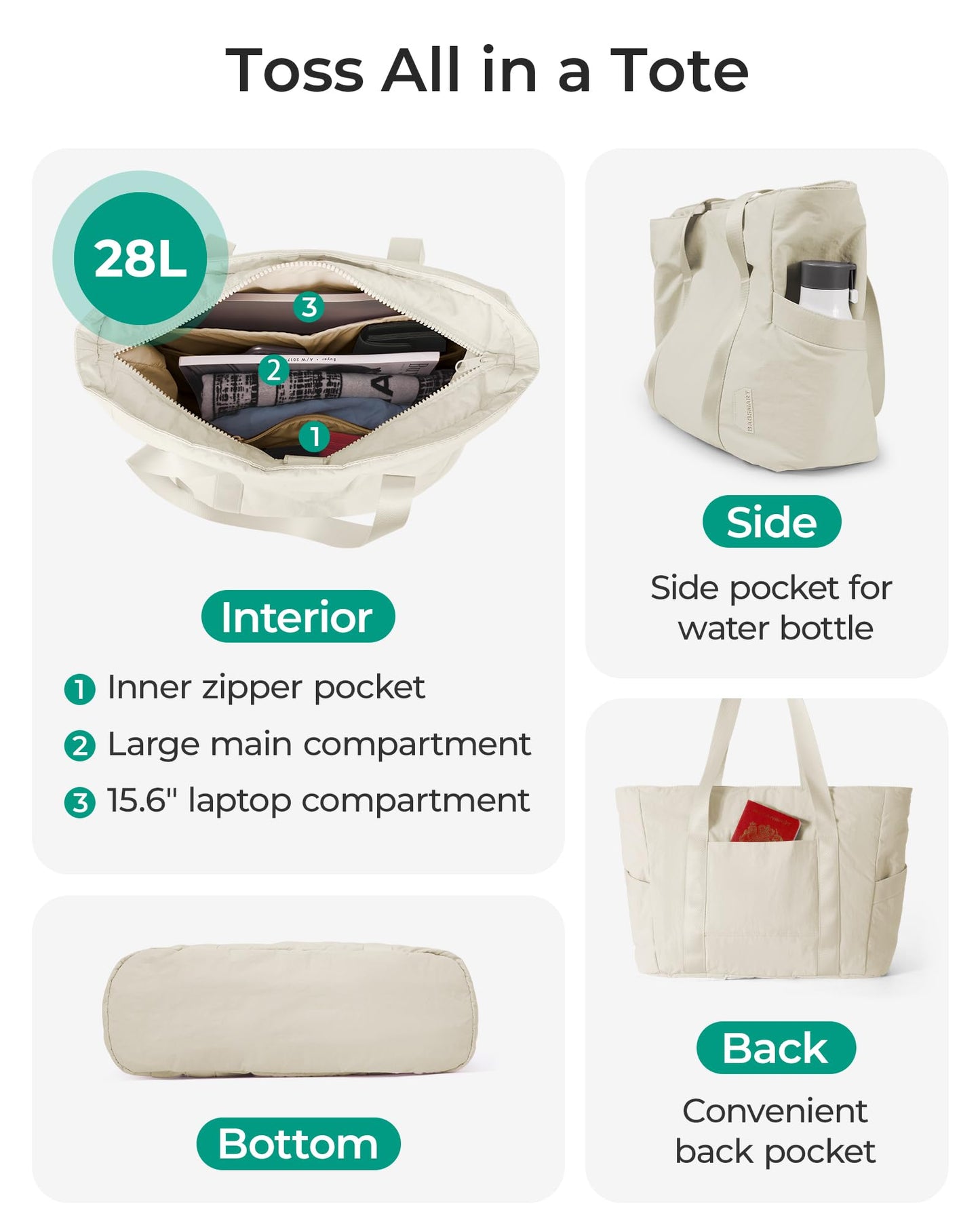BAGSMART Tote Bag for Women with Zipper, Gym Tote with Compartments, Laptop Work Tote Nurse Dance Yoga Bag for Sport, Travel
