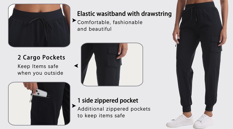 zsenoxaxi Women's Lightweight Hiking Pants - Water Resistant Casual Travel Joggers with Zippered Pockets for Golf Camping(Black,M)