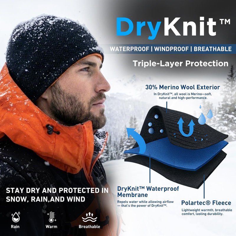 TOP-EX DryKnit Waterproof Reversible Wool Beanie Hat for Men Winter Knit Skull Cap Fleece Lined Windproof Watch Cap Gift for Dad Christmas Outdoor Work Ski Running Warm Black XL/XXL