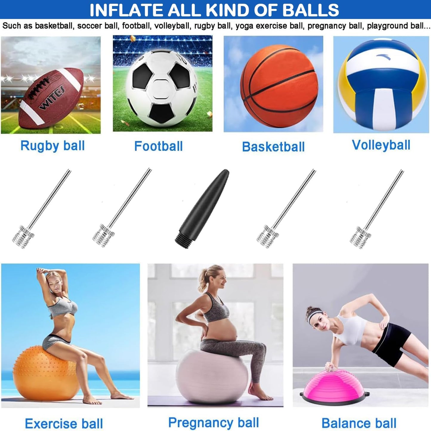 Ball Pump with Needle Storage, 5 Needles & Extension Hose for Sports Balls