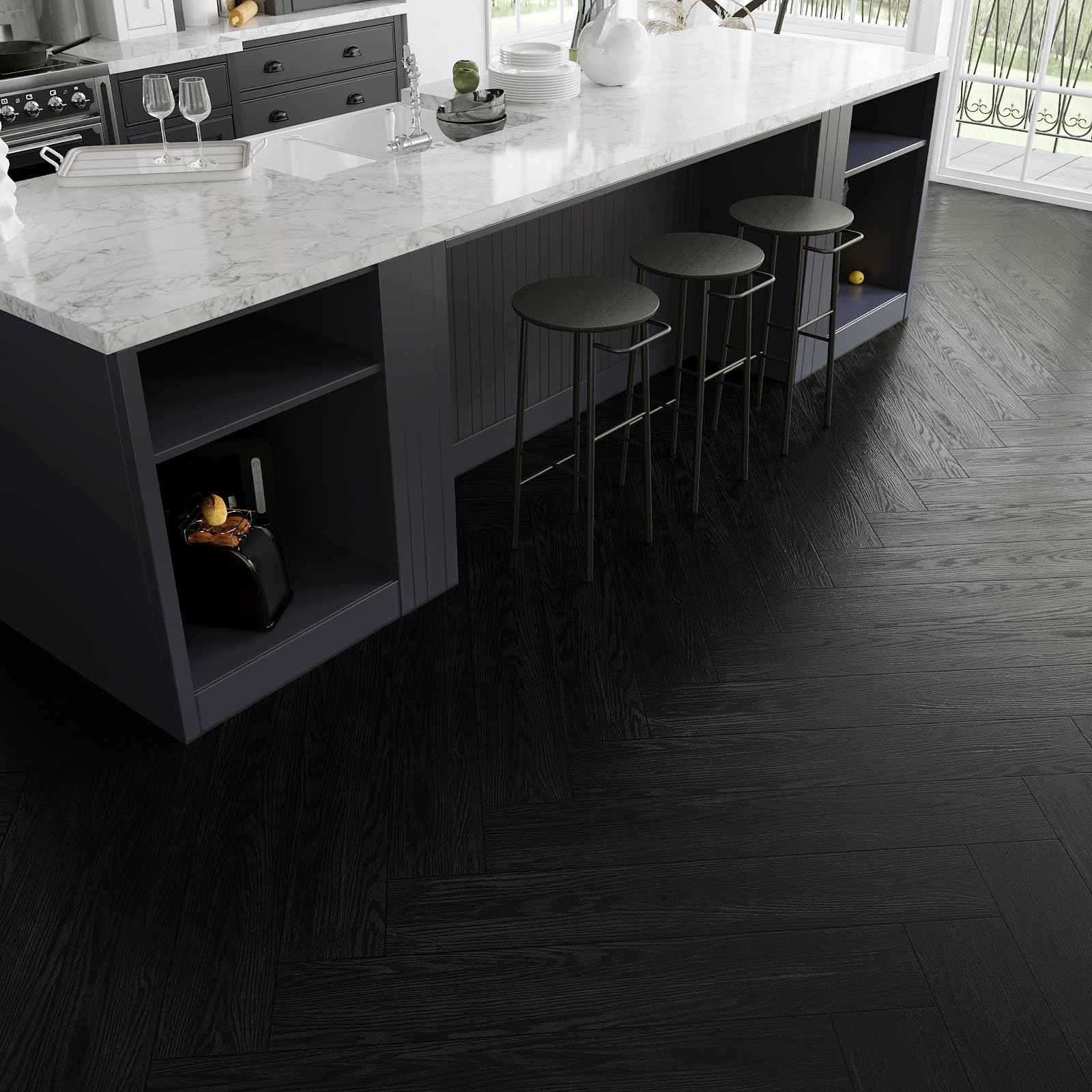 VEELIKE Black Peel and Stick Floor Tile Waterproof Vinyl Plank Flooring with Low Gloss Finish Adhesive Wood Look Flooring 32-Pack 47 Sq. Ft. Sticky Floor Tiles for Bedroom Bathroom Kitchen 6''x36''