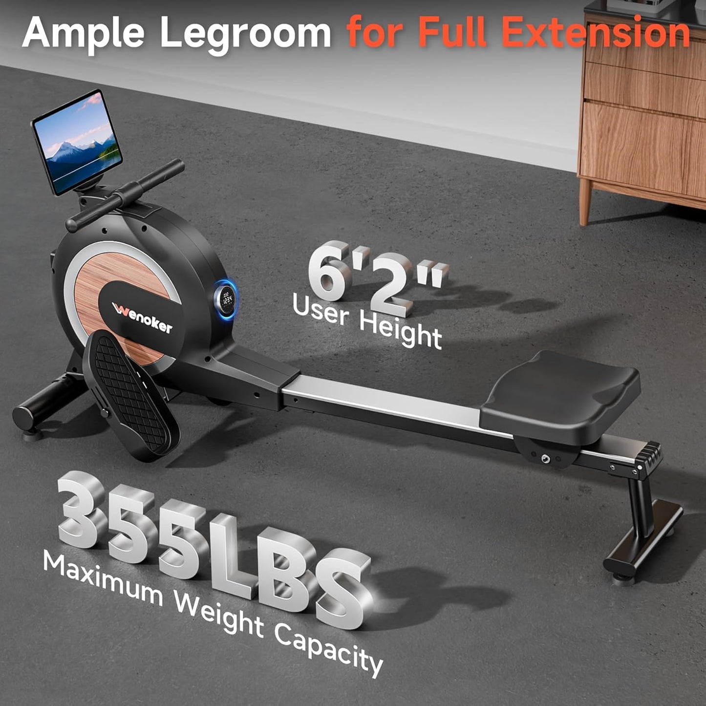 Wenoker Magnetic Rower Machine - App-Supported, 350 LB Capacity, Whisper Quiet with LCD Monitor & Comfortable Seat