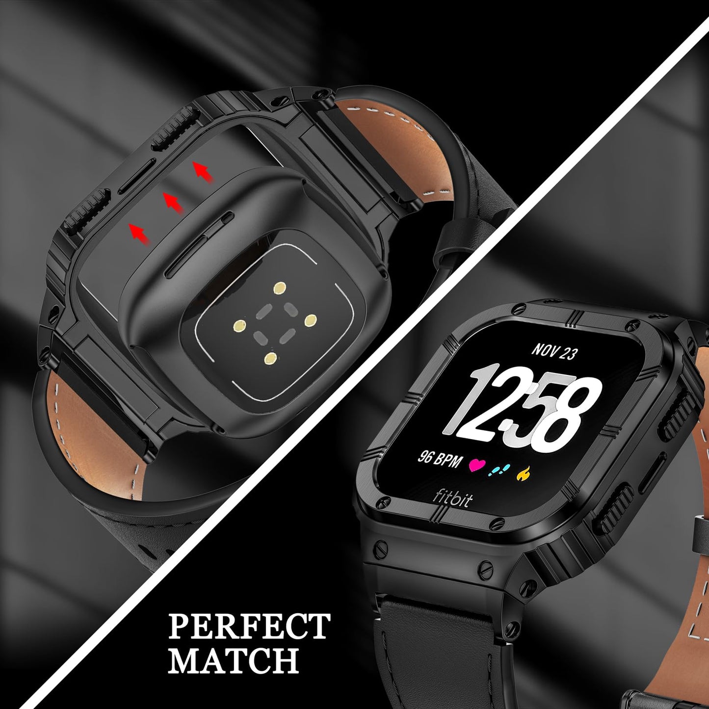 BAITEYOU Leather Bands with Stainless Steel Case Compatible with Fitbit Versa 1 2 3 4 Lite Sense 2 1 Protective case for men