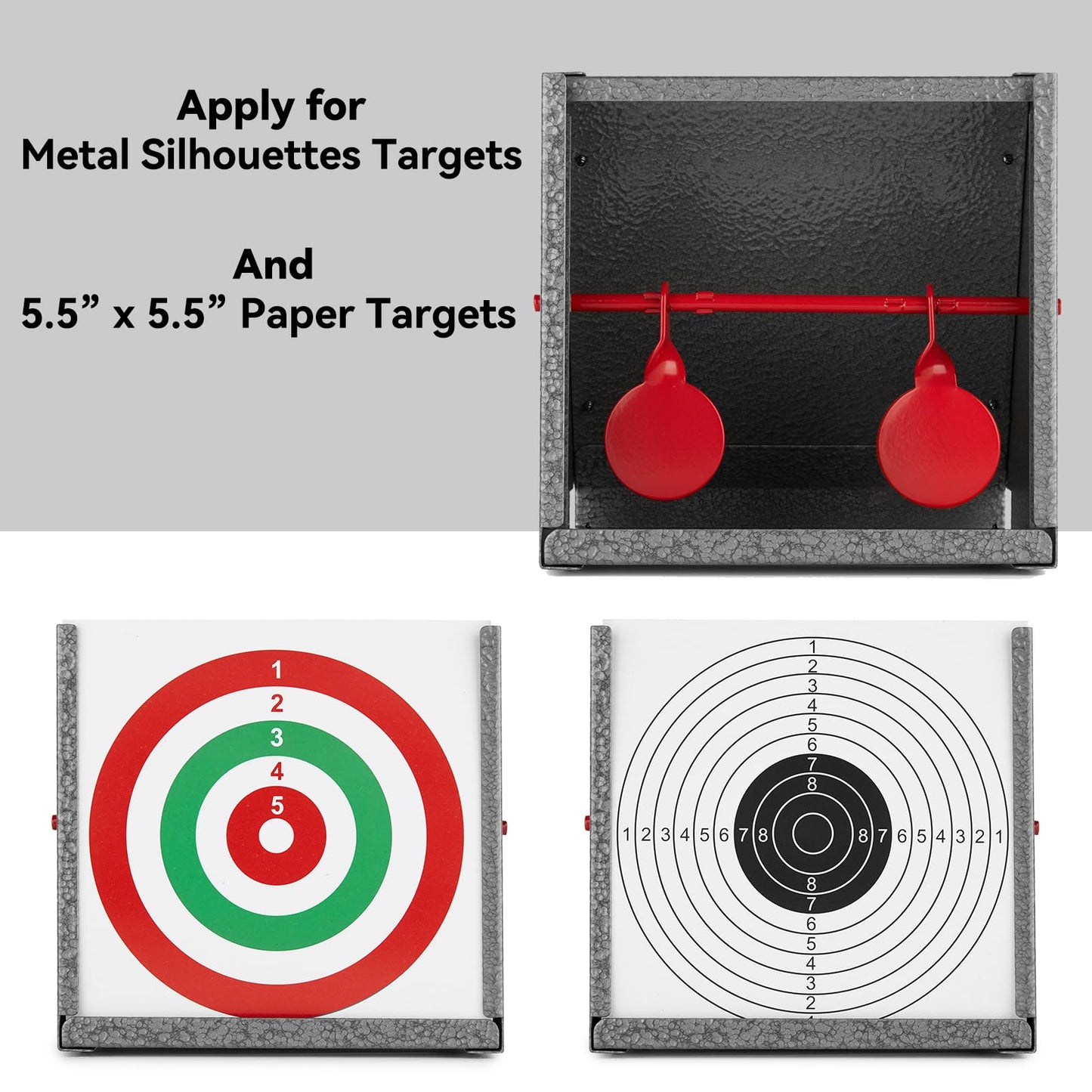 GearOZ BB Gun Target Trap with Catch Box & 20 PCS Shooting Paper, Airsoft & Pellet Gun Shooting Catcher, with Spinning Metal Silhouettes Targets, for Backyard, Indoor - Small Size (Grey)