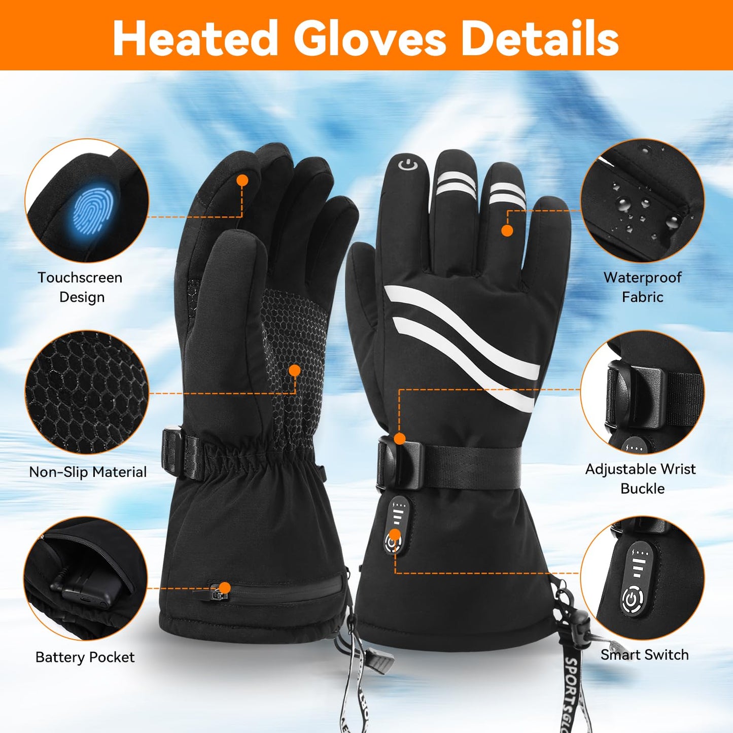 Rasfalo Heated Gloves for Men Women, Rechargeable Heated Gloves with Touchscreen, Waterproof Electric Heated Ski Gloves for Motorcycle, Hunting, Skiing, Winter Outdoor Work Black L
