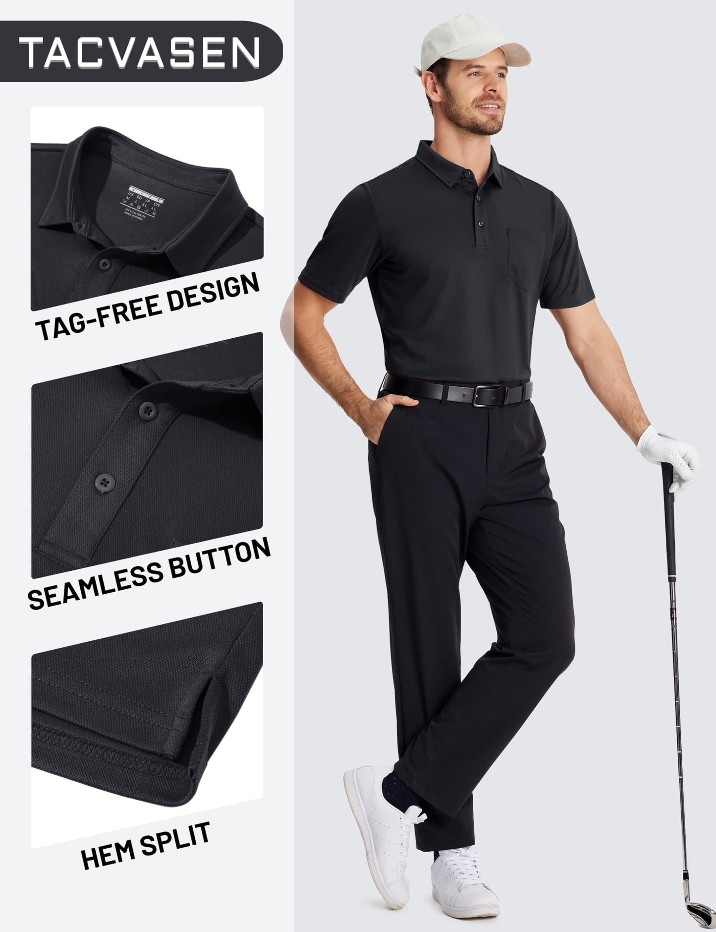 TACVASEN Mens Polo Shirt with Pocket Short Sleeve Collared Dry Fit Golf