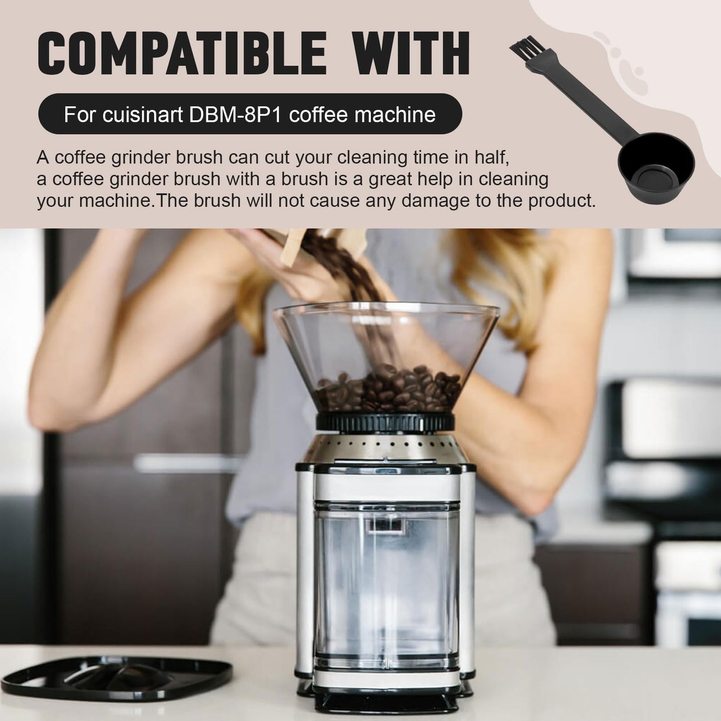 Coffee Spoon With Espresso Grinder Brush 2 in 1 Brush Compatible for Cuisinart DBM-8P1 Coffee Machine Brush for Coffee Grinder Cleaner Scooping Coffee Powder(2PCS)