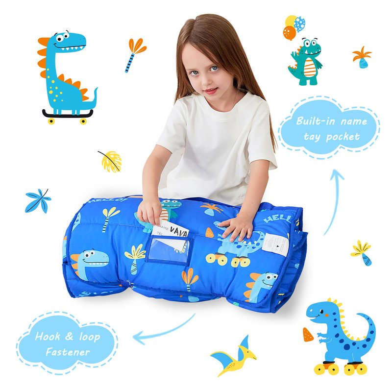 Toddler Nap Mat with Pillow and Blanket, Extra Large Rolled Napping Mats,Slumber Bags for Boys Girls,Kids Sleeping Bag for Daycare, 21" x 50" Preschool Travel Camping - Blue Dinosaurs