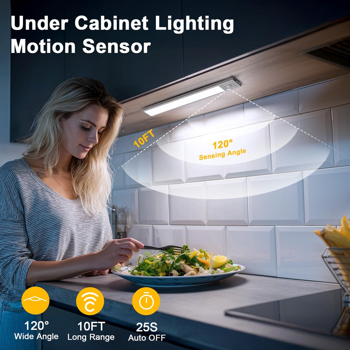 Onforu 9.8" Under Cabinet Lighting, 2000mAh USB-C Rechargeable, Motion Sensor Under Cabinet Lights with 3 Color & Dimmable, Magnetic Under Counter Lights for Kitchen, Closet, 2 Pack