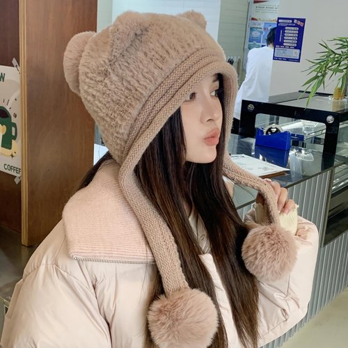 HUAMULAN Women Winter Sherpa Beanie Hats Knit Ear Flaps Peruvian Cover Ears Fleece Lined Ski Snow Hat Pompoms