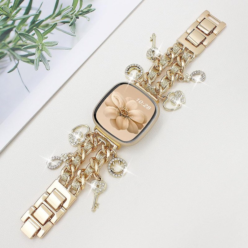 REALSIGN Metal Bands Compatible with Fitbit Versa 4/Versa 3/Sense 2/Sense Band Women,Stylish Cuban Chain Bracelet with Cute Unique Pendants Love Cross Charms Strap (Bling Gold)