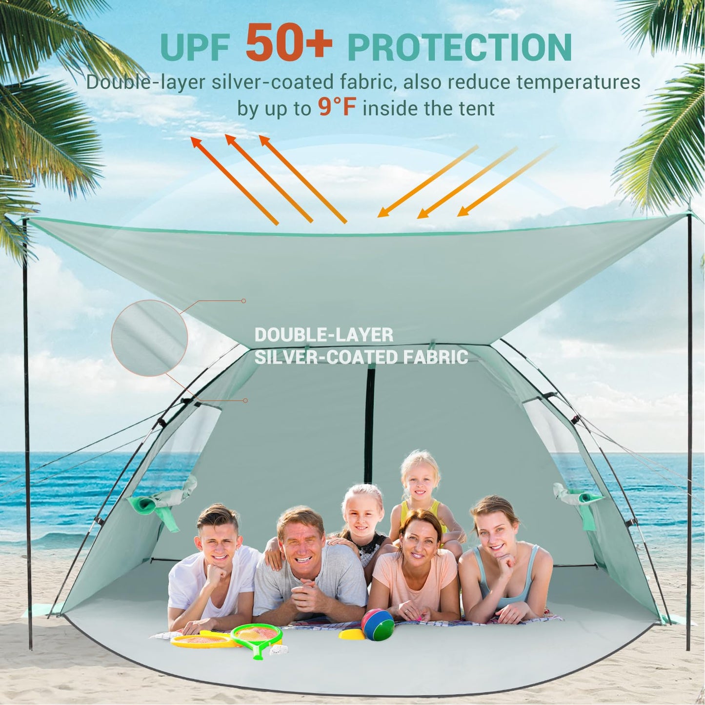 Elegear CumbreX™ Beach Tent Sun Shelter with Canopy, 6-8 Person Pop Up Beach Tent, Easy Setup UPF 50+ UV Protection Portable Lightweight Double Silver Coating Cabana Sun Shade Shelter - Green