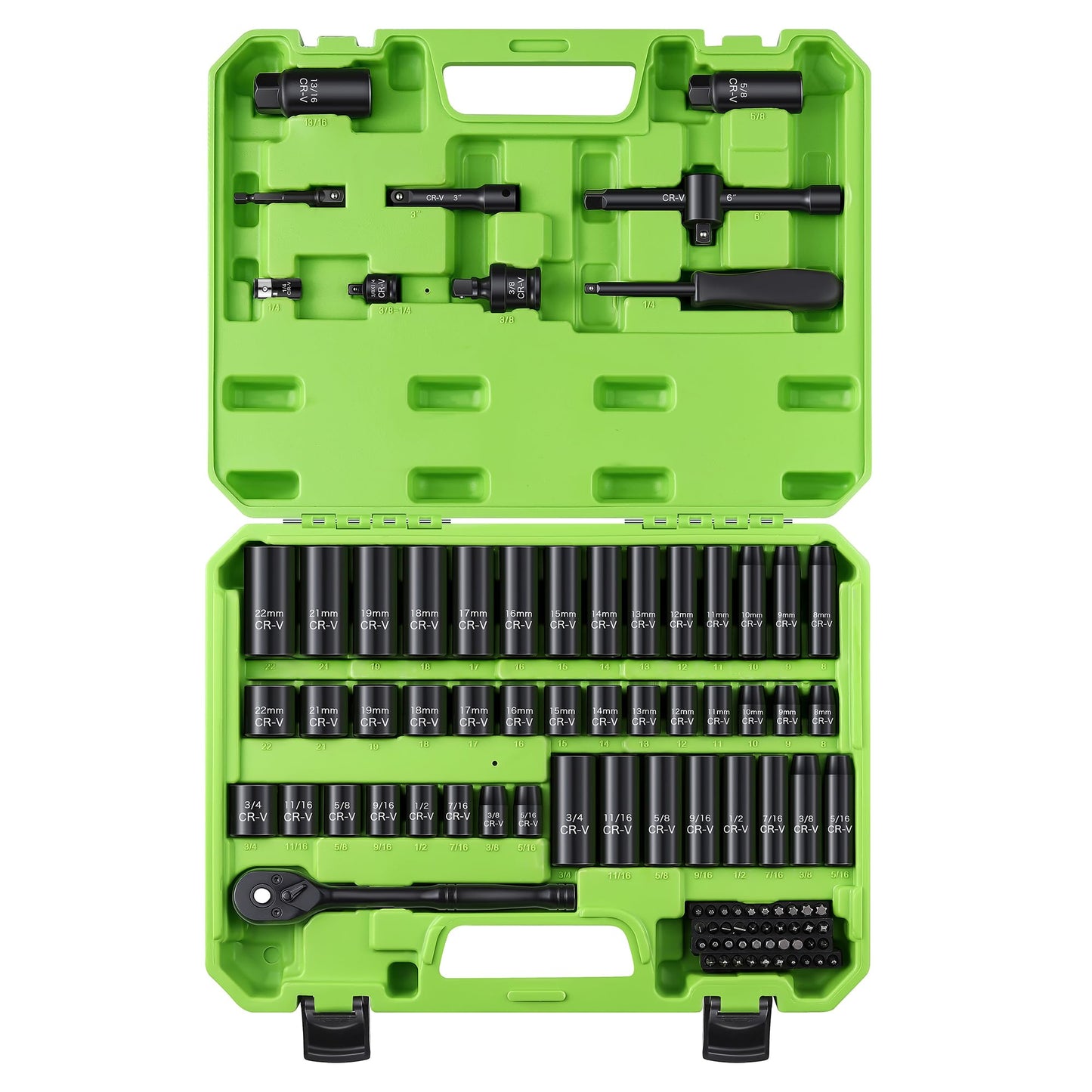 Reniteco 95-Piece 3/8" Socket Set, SAE (5/16"-3/4") & Metric (8mm-22mm), Ratchet Handle, Extension Bar, Adapter, Universal Joint, Power Drill Adapter, Screwdriver Bit, Spark Plug Socket