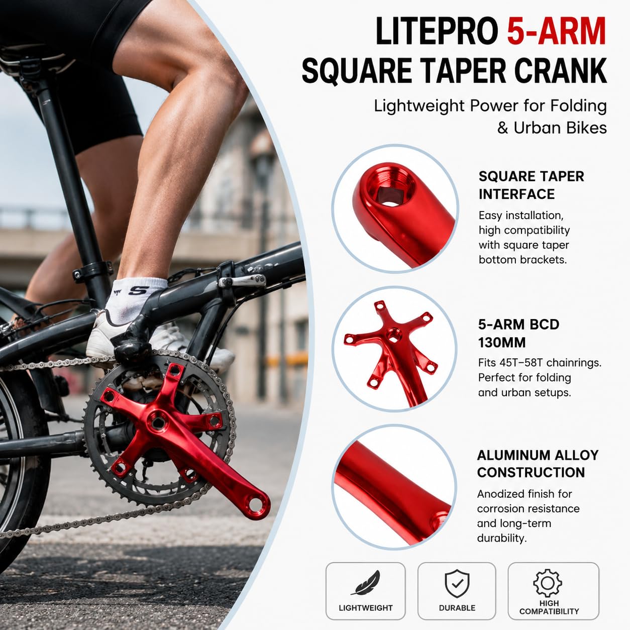 FREERDNG for Litepro Folding Bike Crankset Ultra-Light Square Crank 170MM CNC Aluminum Alloy BMX Bicycle 130BCD Chainwheel Parts Accessory (RED)