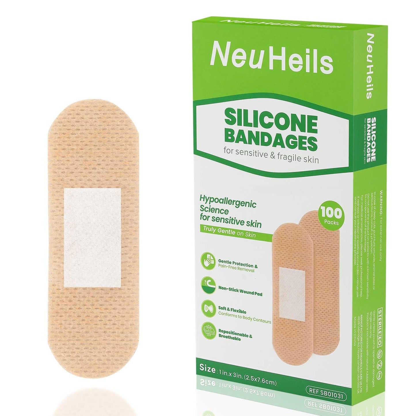 NeuHeils Silicone Bandages for Sensitive Skin 1"x3", 100 Counts