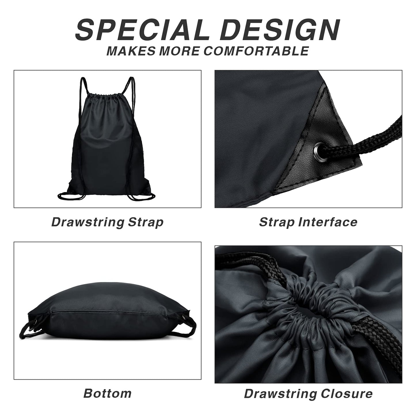 BuyAgain Drawstring Backpack Sports Water Resistant String Bag Sport Gym Sackpack for Women Men Large with Zipper, Black