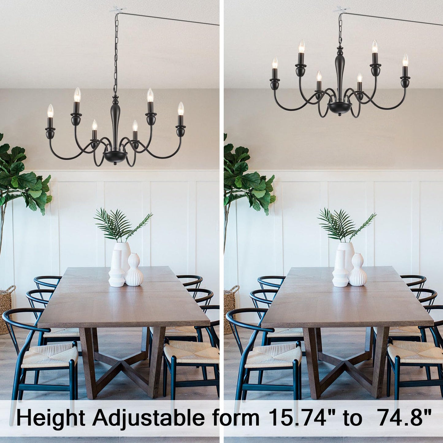 LXWNYY Plug in Chandelier with Long Cord 15.1ft, 6 Lights Farmhouse Light Fixtures Hanging Lights with Plug in Cord, Black Plug in Candle Chandier for Living Dining Room Bedroom Kitchen