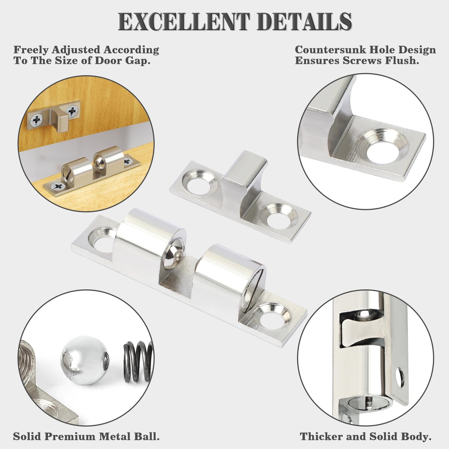 Alise Double Roller Catch Cabinet Latches,Adjustable Double Ball Tension Roller Catch Latch Brass Cabinet Door Latch,67mm Solid Metal Cabinet Latches and Catches,Pack of 4,Silver