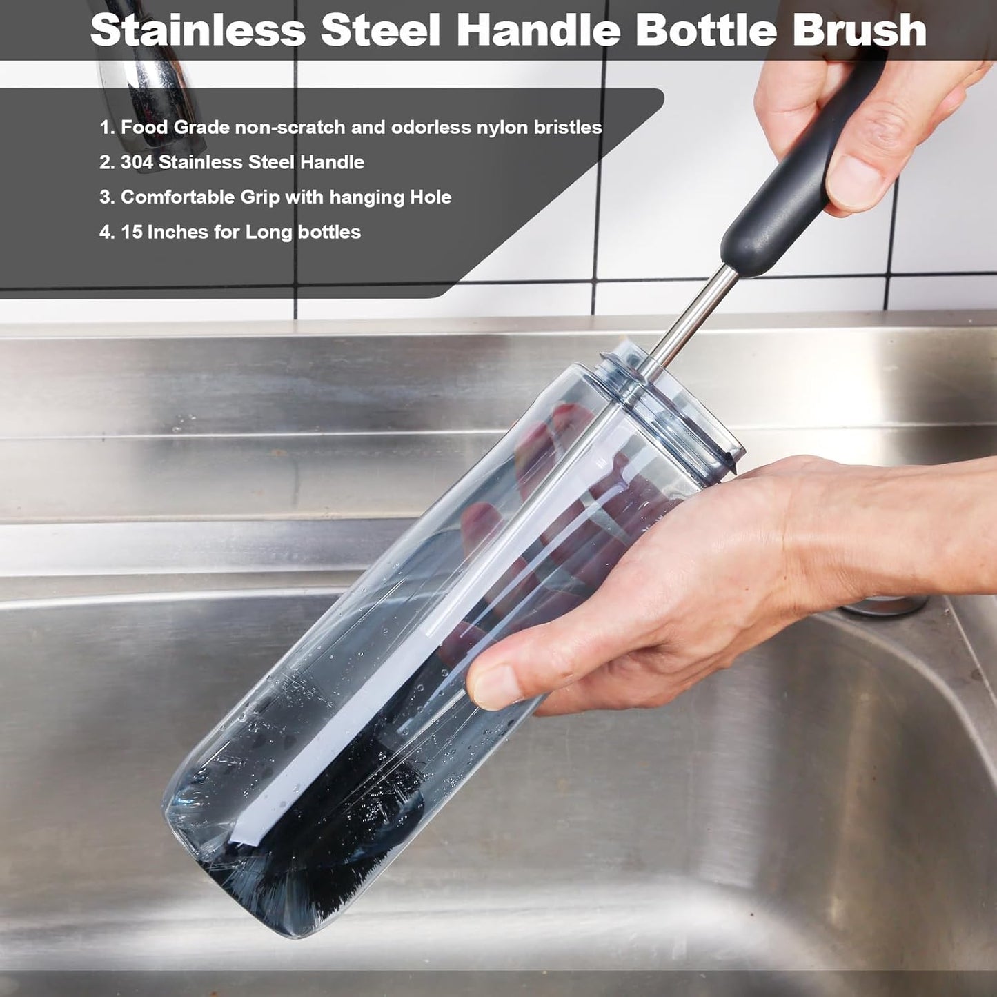 Skiennix Water Bottle Brush - 15-Inch Stainless Steel Handle Cleaner for Cups, Tumblers & Decanters - Black