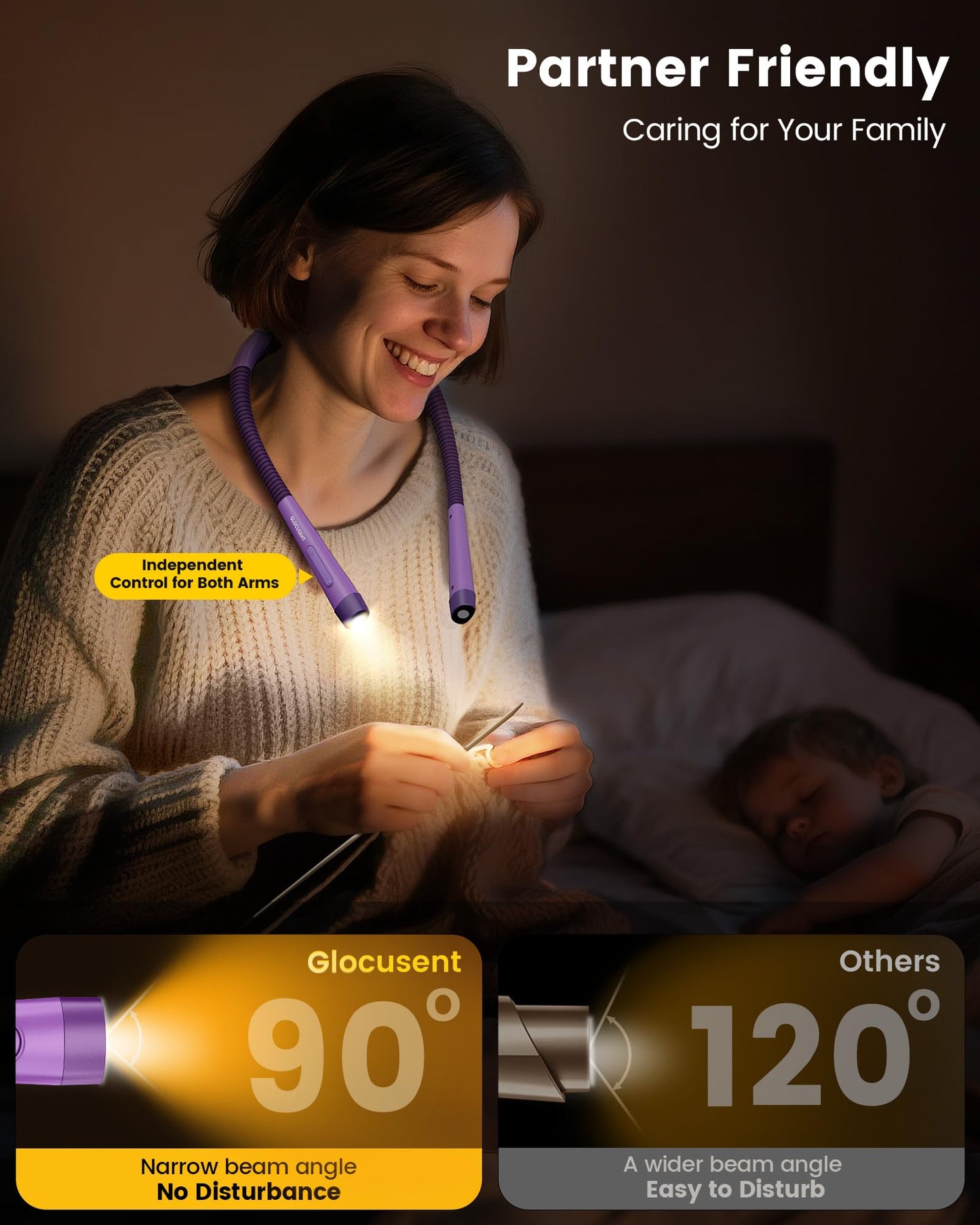 Glocusent Ergonomic Reading Light, 1600mAh Rechargeable Book Light for 100 Hrs - 3 Colors & 5 Brightness, Neck Light with Timers, Sleep Aid & Travel Lock, Perfect for Reading, Knitting & Craft