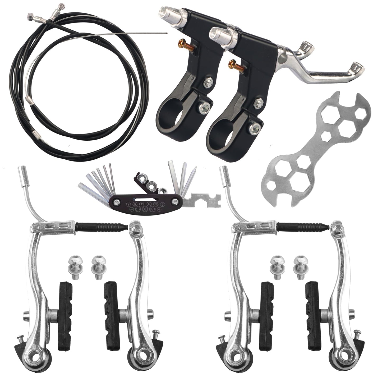 RAHQHD Complete Bike Brakes Set，Inner and Outer Callipers Cables Lever Kit ，Universal Bike Front and Rear MTB Brake with Multi-Tool Wrenches Black