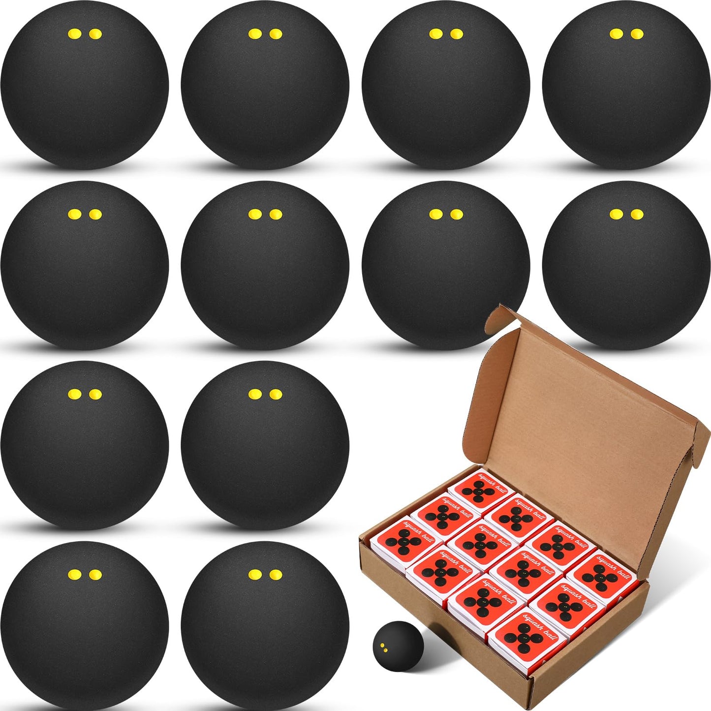 WinnerWhy 12 Pcs Squash Ball Professional Squash Ball High Reliability Practical to Use Excellent Performance Rubber for Training Practice and Competition (Black, Yellow,Double Yellow Dot)