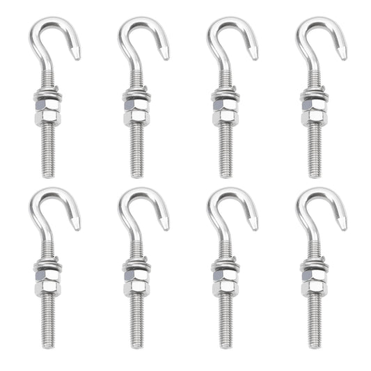 Rrina 8Pcs M8 Hook Bolt 304 Stainless Steel Eye Ring Screw-in Hooks with Washers Nut Metric Thread
