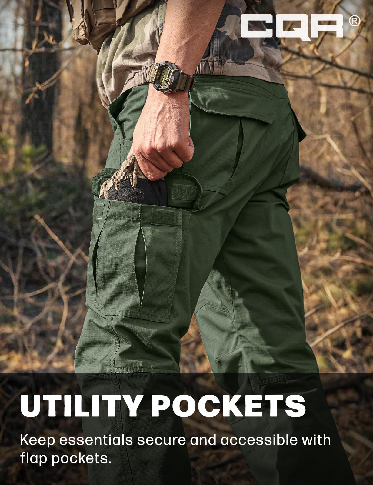 CQR Men's Tactical Pants, Water Resistant Ripstop Cargo Pants, Lightweight EDC Work Hiking Pants, Outdoor Apparel, Raider Green Kelp, 38W x 32L