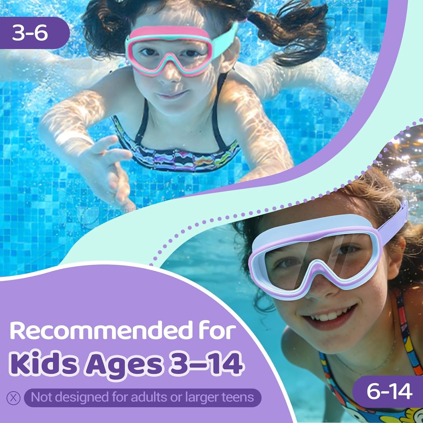 Vvinca Kids Swim Goggles - Anti-Fog, UV Protection, No Leak | 2 Pack with Comfort Fabric Strap for Ages 3-14