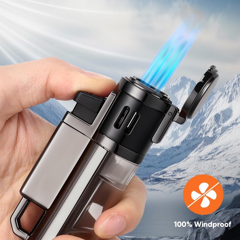 KOACKL Torch Lighter, Refillable Windproof Adjustable Quad Jet Flame Butane Lighter for Candle Grill BBQ Camping Fireworks, 2 Pack (No Fuel Included)