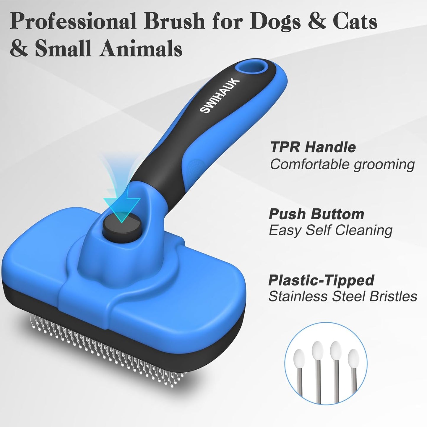 Swihauk Self-Cleaning Slicker Brush - Skin-Friendly Deshedding Tool for Dogs & Cats | Blue