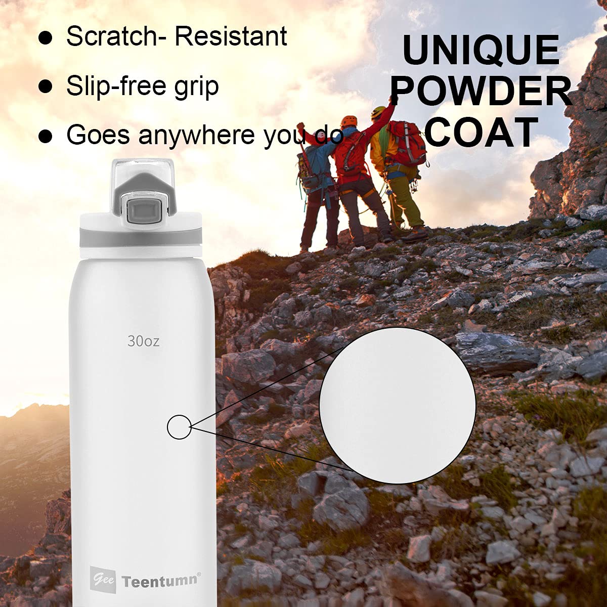 Teentumn Water Bottle BPA Free Tritan with Time Markers, 30oz Large Durable Gym Plastic Bottle for Fitness, Outdoor Enthusiasts, Leakproof White (Pack of 1)