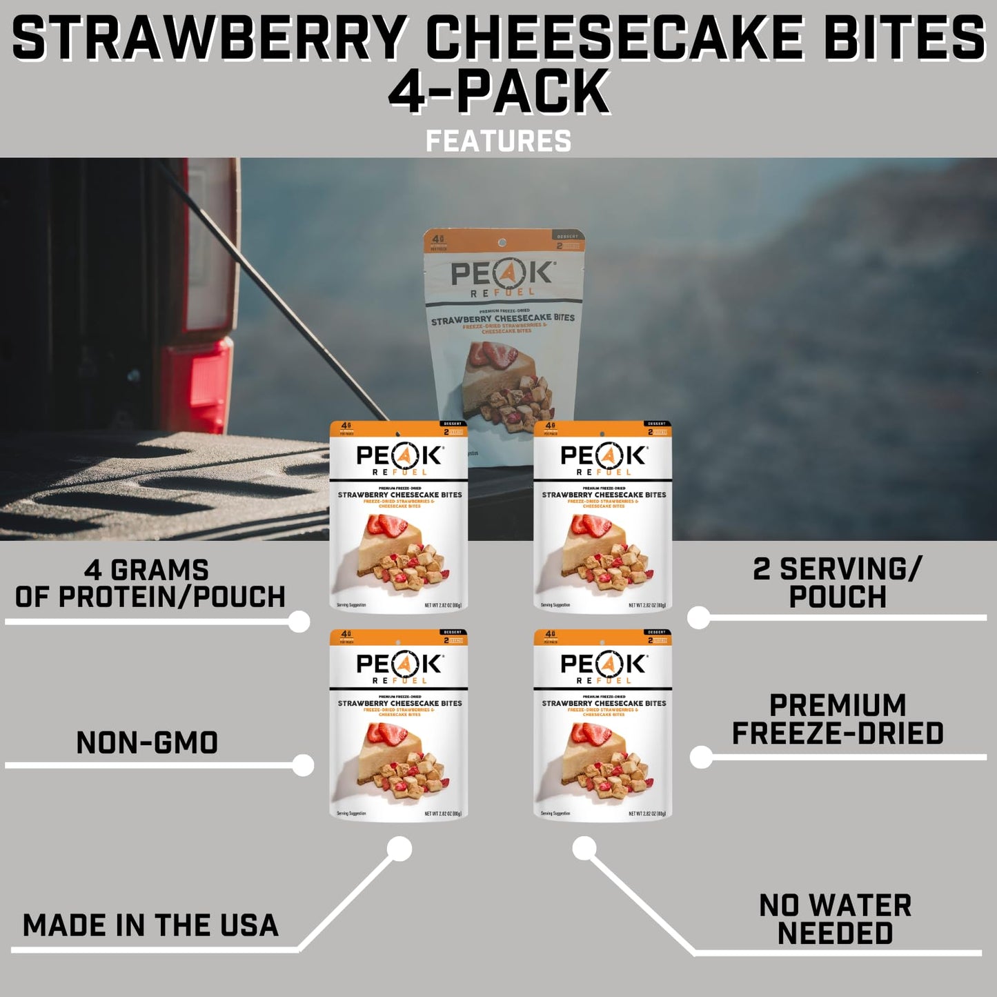Peak Refuel Strawberry Cheesecake Bites 4-Pack | Freeze Dried Backpacking and Camping Food | Tasty Trail Treat | High Protein Snack Packs