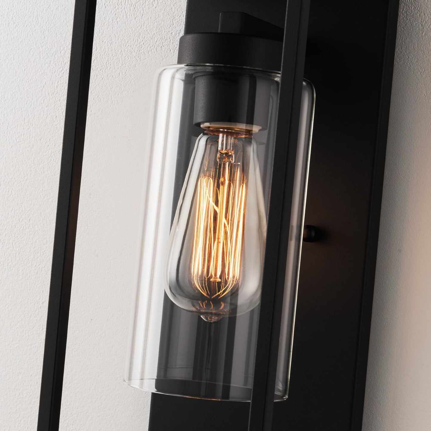 mirrea 14" Dusk to Dawn Outdoor Wall Sconce 1 Light in Cylinder Glass Shade and Matte Black Rectangular Metal Frame Waterproof Porch Light Patio Light Pack of 2