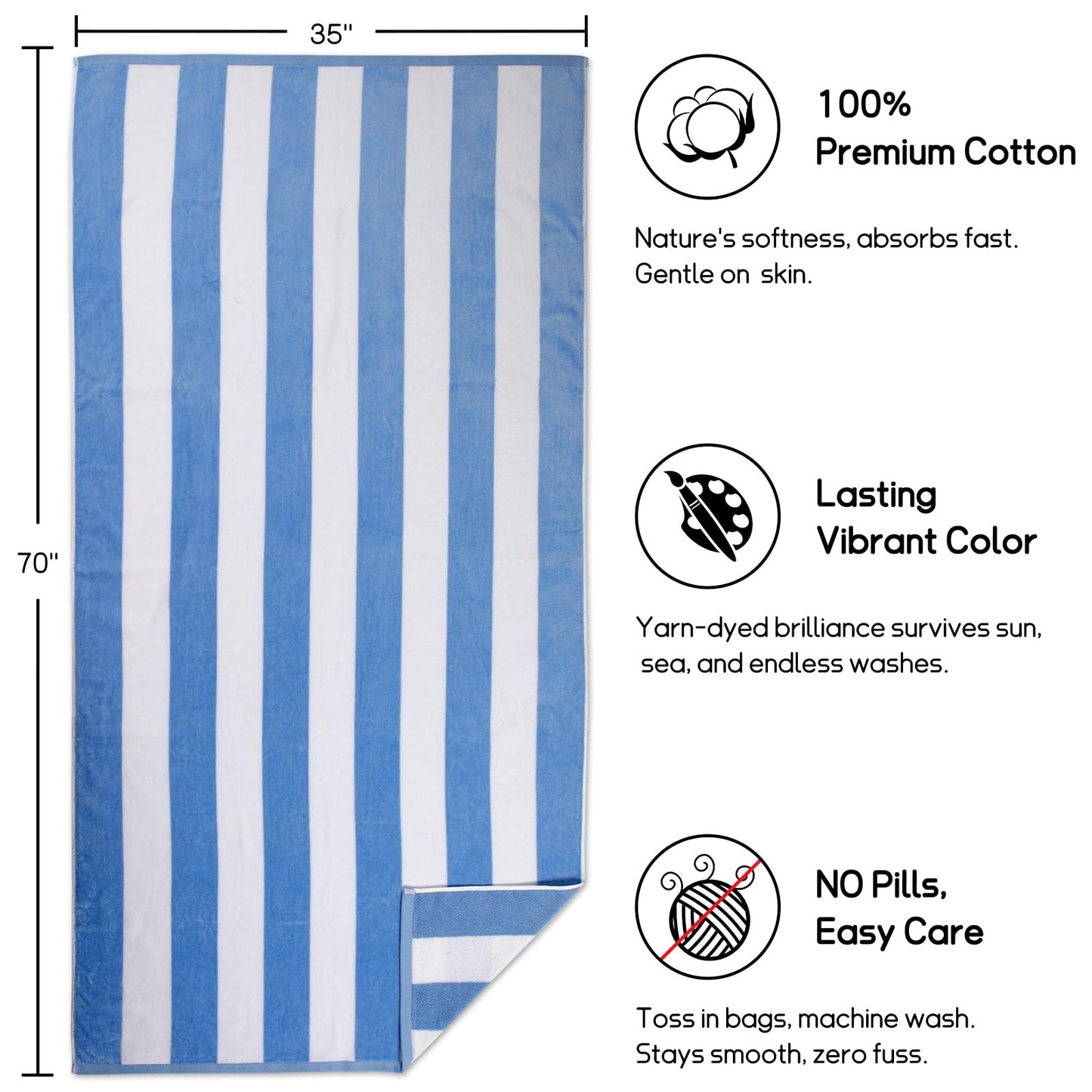 cabanana Large Oversized Beach Towel - 35 x 70 Inch Cotton Pool Towel, Blue Striped Soft Cabana Swim Towel