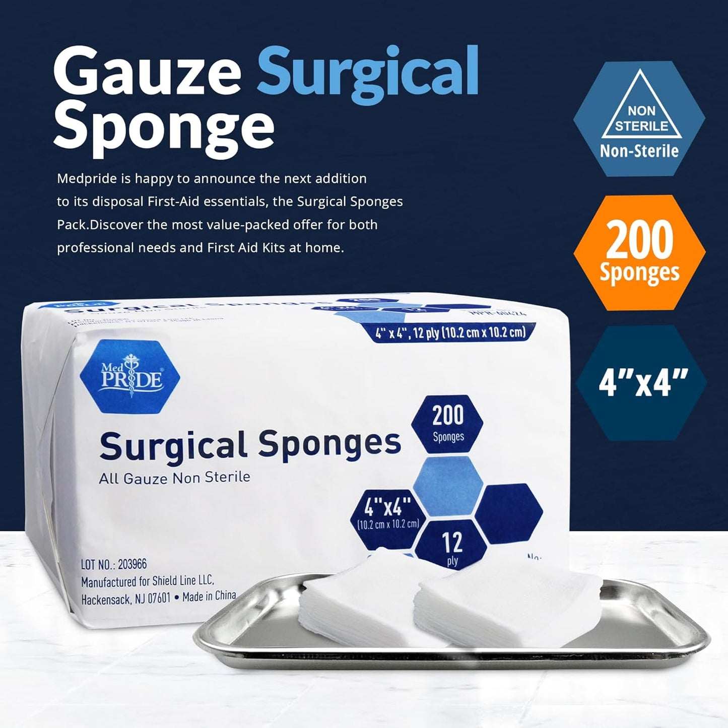 Med Pride 4”x 4” Surgical Gauze Sponges - 200 Pack, Extra Absorbent & Non-Sterile | Ideal for Wound Care & First Aid