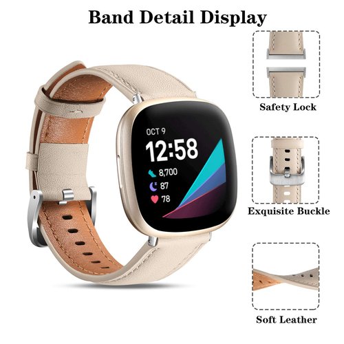 Maledan Leather Bands Compatible with Fitbit Versa 3/Fitbit Sense, Top Grain Genuine Thin Leather Replacement Accessories Wristband for Women Men, Beige