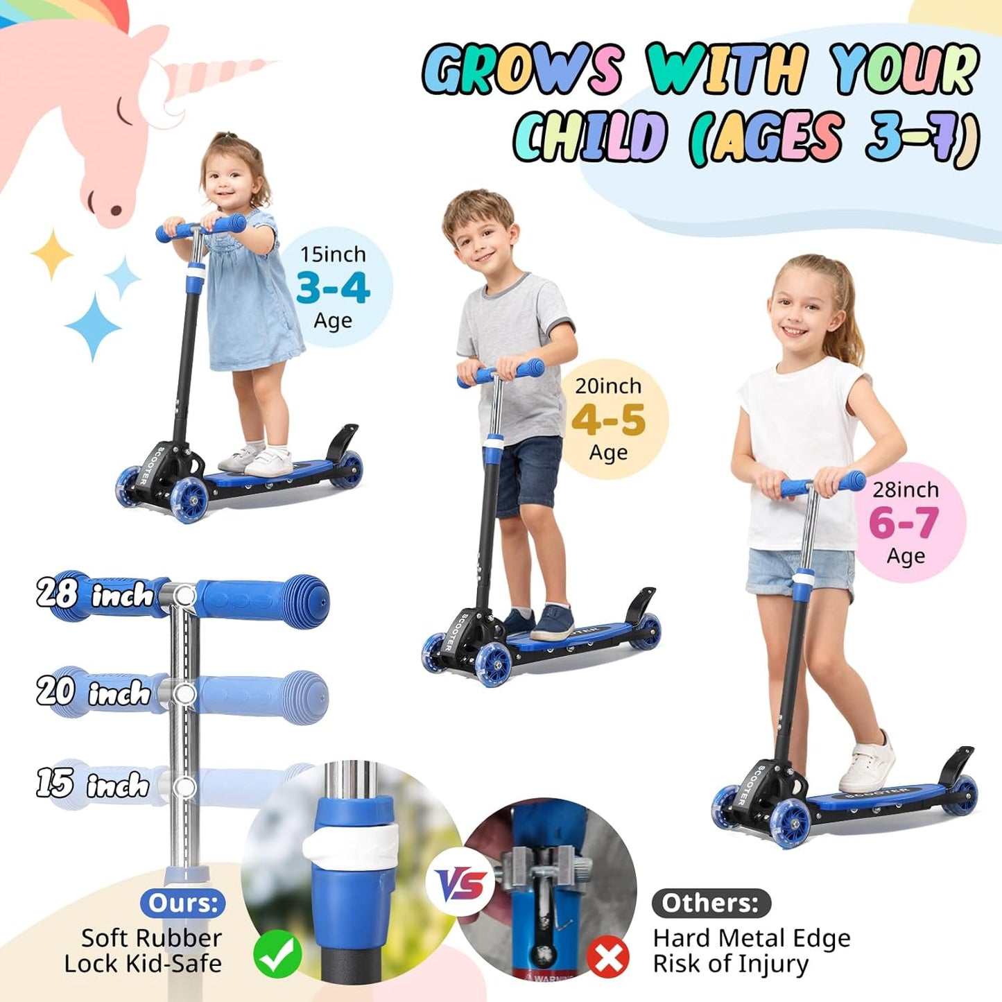 Skiennix Kick Scooter for Kids | Light-Up Three-Wheel Design, Adjustable Height, Foldable, Ages 3-7, Up to 120 Lbs