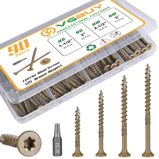 VGBUY 90Pcs Deck Screws, #8#10 Wood Screws Assortment Kit, Heavy-Duty Exterior,Star Drive,Bronze (1-1/2",2",2-1/2",3"),T25 Star Bit