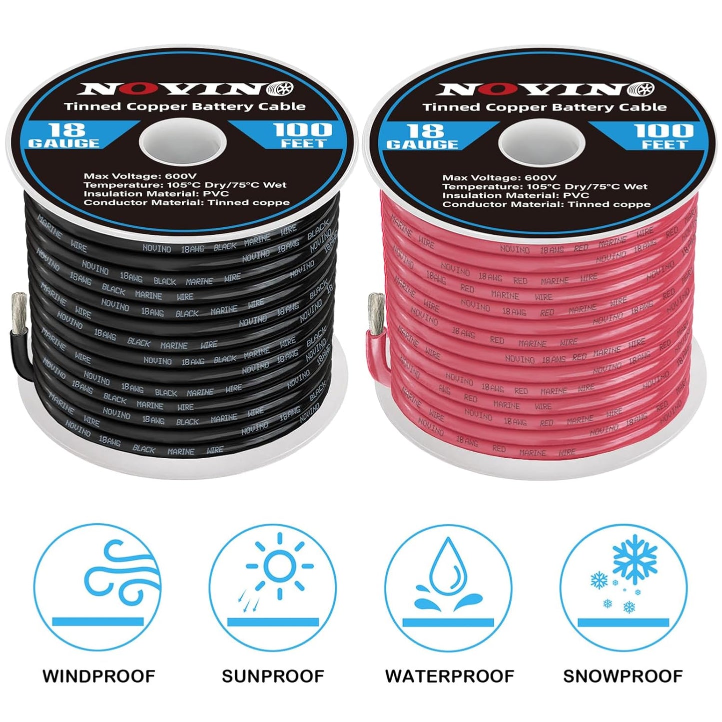 Skiennix 18 AWG Marine Grade Wire - 100FT Red & 100FT Black Tinned Copper Cable for Boats & RVs