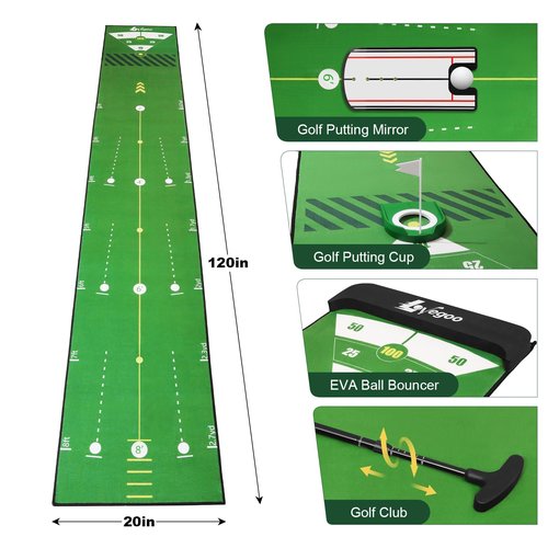 Lovegoo Golf Practice Mat with Alignment Mirror - 20 in X 120in Golf Putting Mat Training Aid Mat, Anti-Slip Backing Golf Putting Green for Indoor/Outdoor (Large)