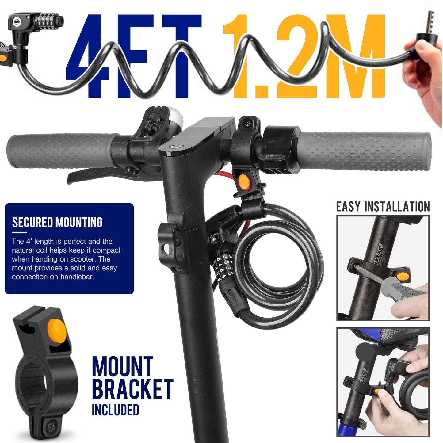 SEWAY Scooter Lock Cable for Xiaomi Mijia M365 ES Series, Bicycle Combination Locks Coiled Chain Lock Basic Self Coiling Core Steel Wire 4 ft. Long 1/3 inch Fit for M365/ES1/ES2/ES3/ES4